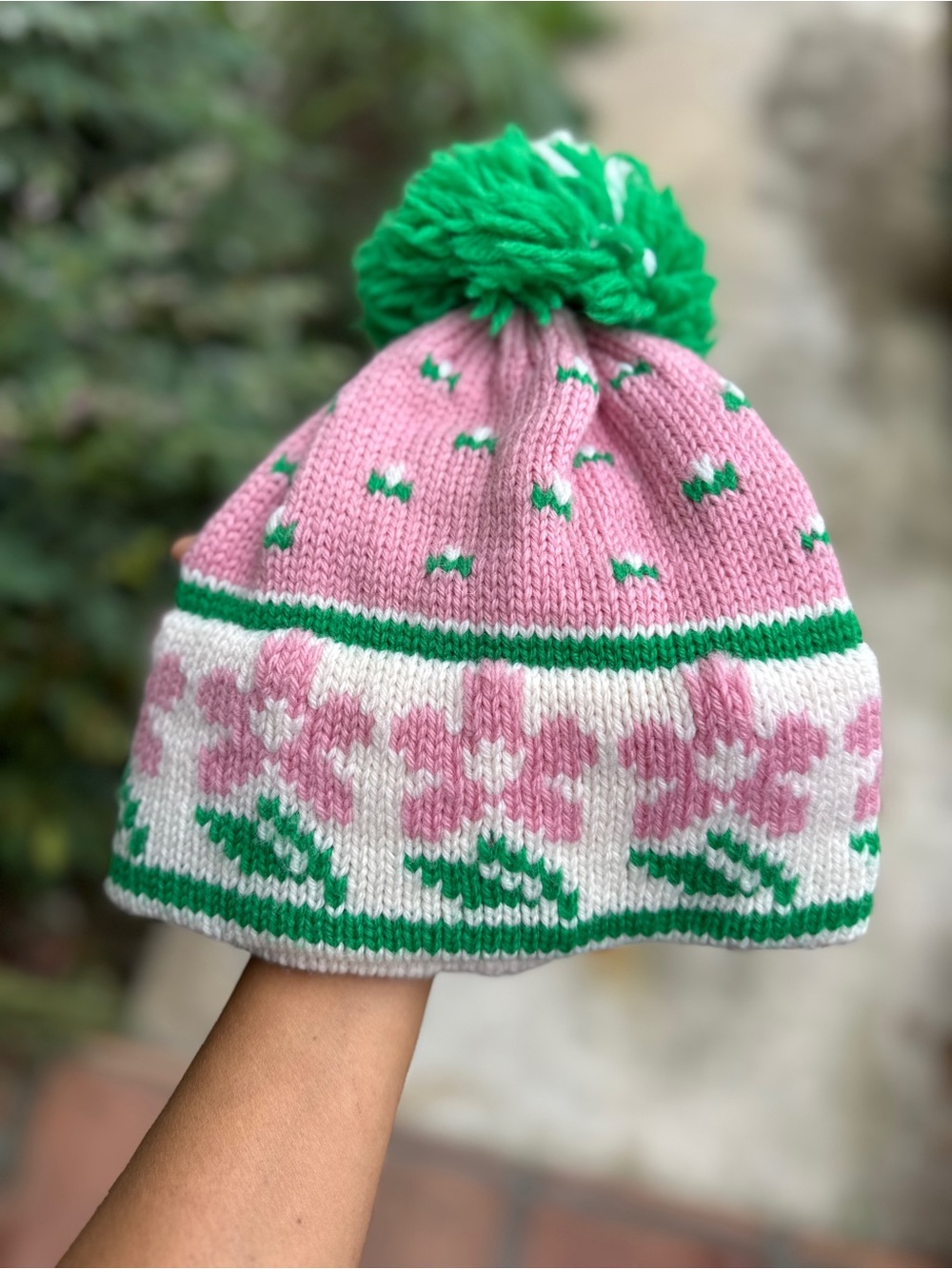 Vtg 100% Wool Minnetonka Pink & Green Floral Pom Beanie